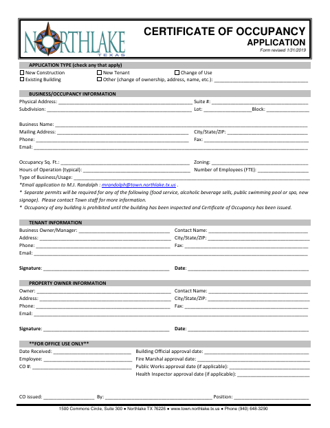 First page of the Certificate of Occupancy Application