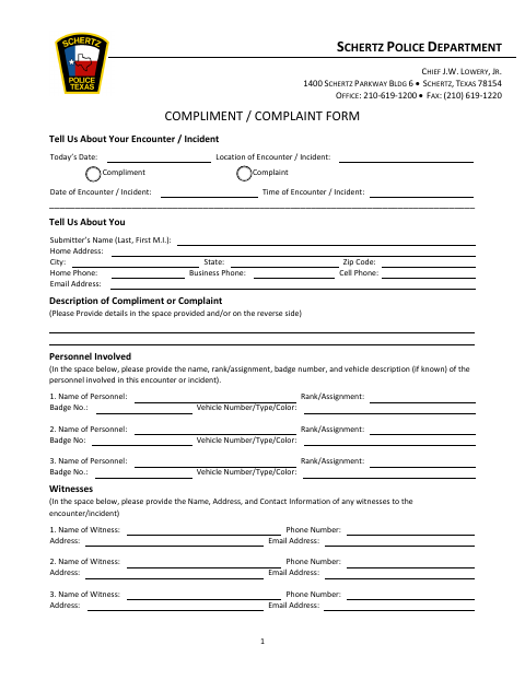 First page of the Compliment / Complaint Form