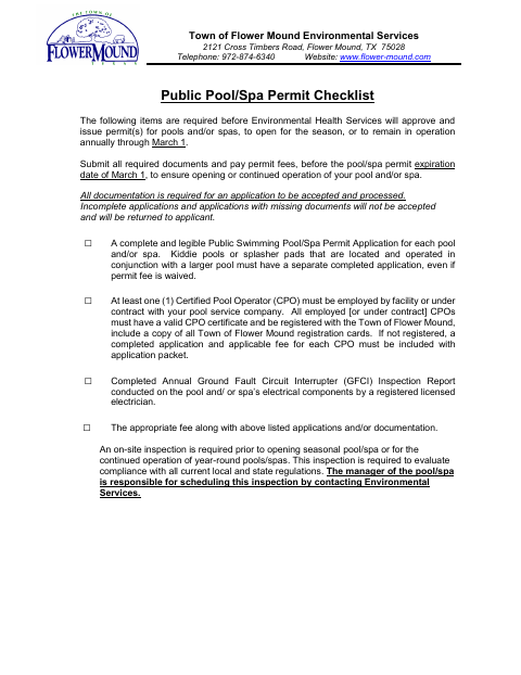First page of the Public Pool/Spa Permit Checklist