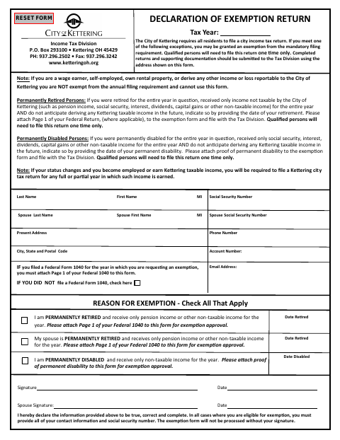 First page of the Declaration of Exemption Return