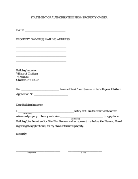 First page of the Statement of Authorization From Property Owner