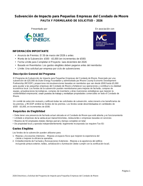 First page of the Moore County Small Business Impact Grant Application