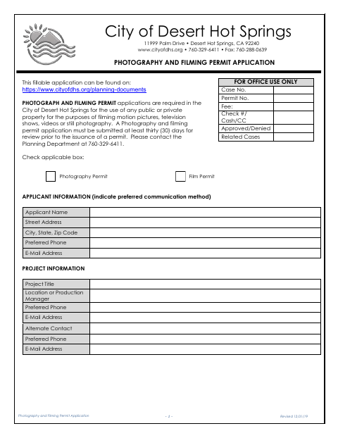 First page of the Photography and Filming Permit Application