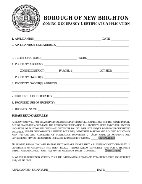 First page of the Zoning Occupancy Certificate Application