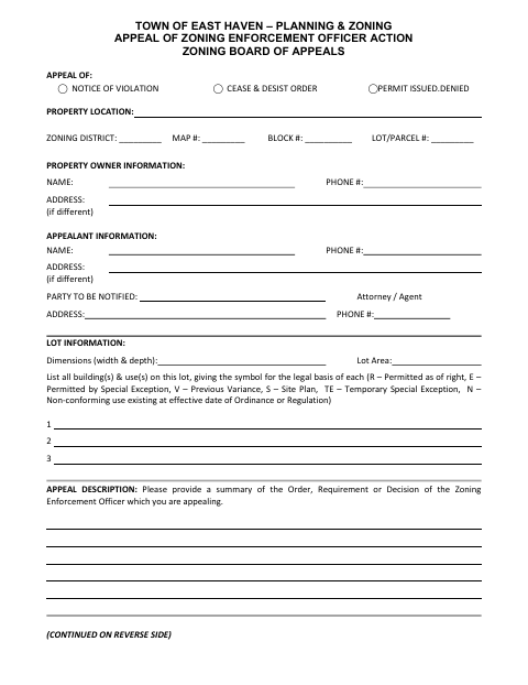 First page of the Appeal of Zoning Enforcement Officer Action