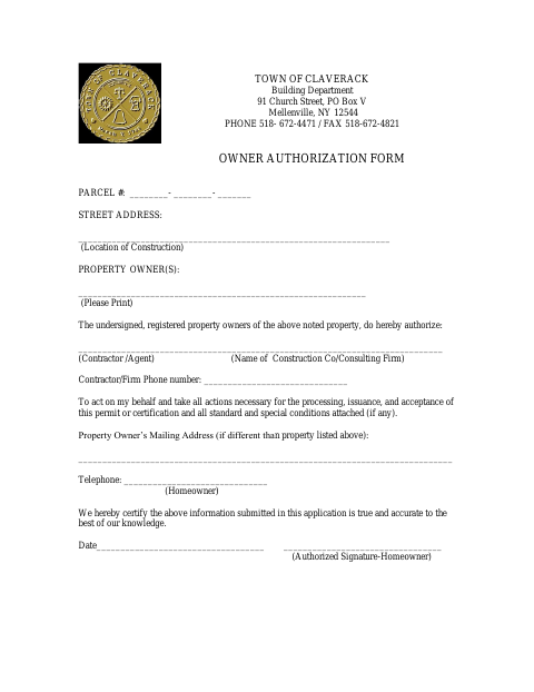 First page of the Owner Authorization Form