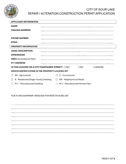 First page of the Repair/Alteration Construction Permit Application