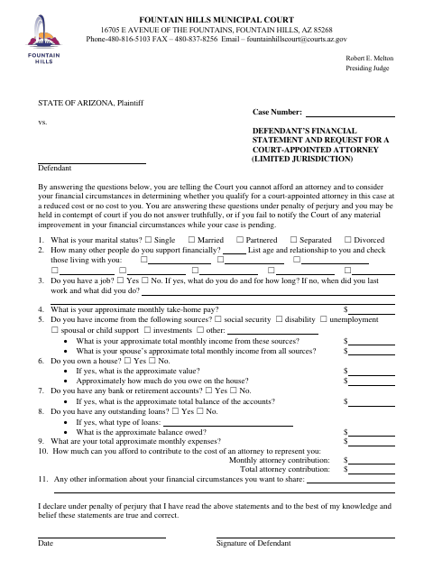 First page of the Defendant’s Financial Statement and Request for a Court-Appointed Attorney (Limited Jurisdiction)