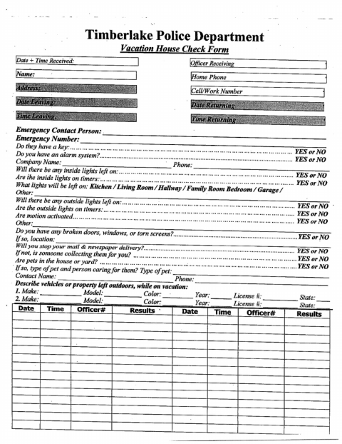 First page of the Vacation House Check Form