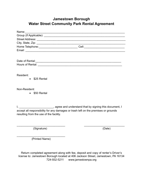 First page of the Water Street Community Park Rental Agreement