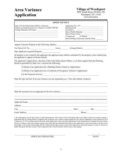 First page of the Area Variance Application