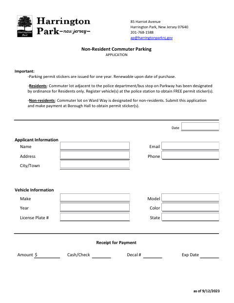 First page of the Commuter Parking Permit Application