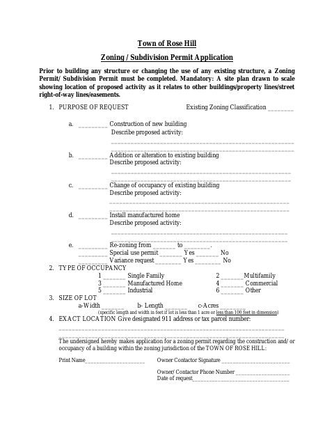 First page of the Zoning / Subdivision Permit Application