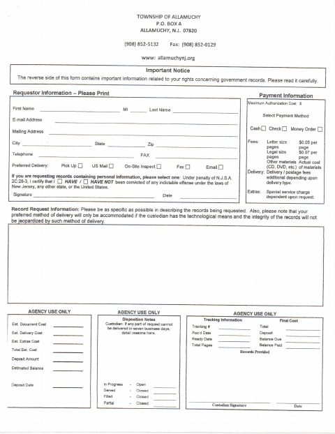 First page of the OPRA Records Request Form