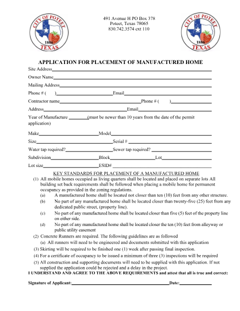 First page of the Manufactured Home Application