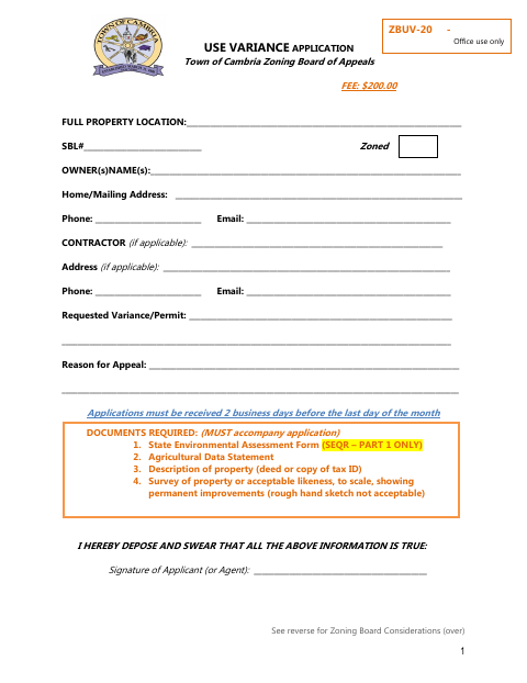 First page of the Use Variance Application