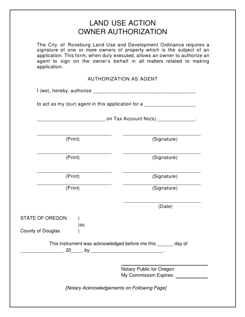 First page of the Land Use Action Owner Authorization