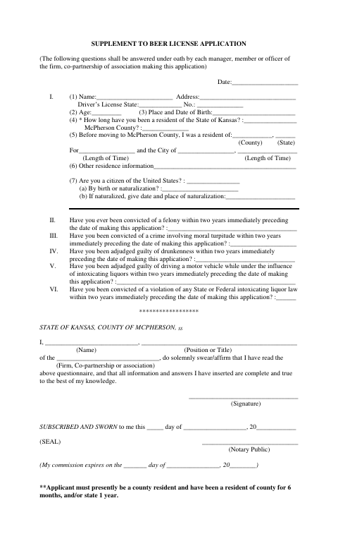 First page of the Supplement to Beer License Application