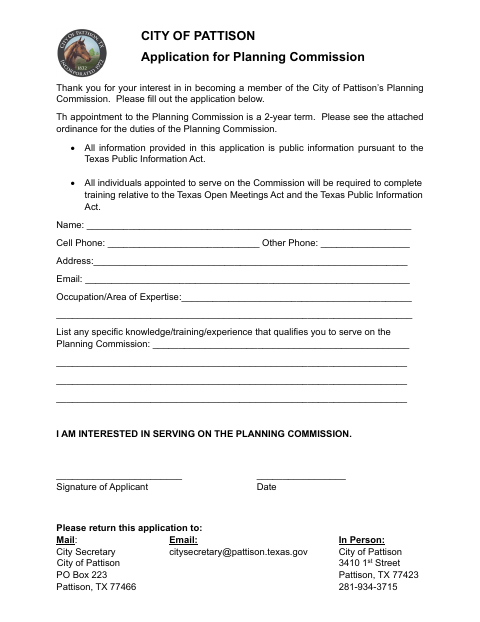First page of the Application for Planning Commission