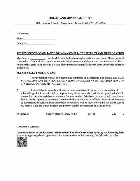 First page of the Statement of Compliance or Non-Compliance With Terms of Probation