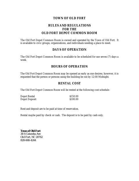 First page of the Old Fort Depot Common Room Rental Application