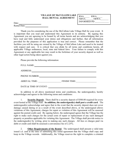 First page of the Village Hall Rental Agreement