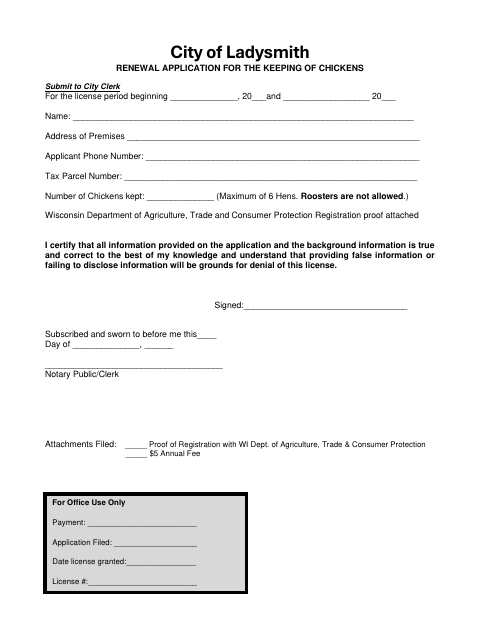 First page of the Renewal Application for the Keeping of Chickens