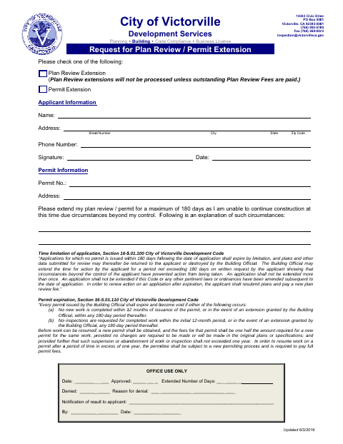 First page of the Plan Review or Permit Extension Request