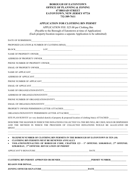 First page of the Application for Clothing Bin Permit