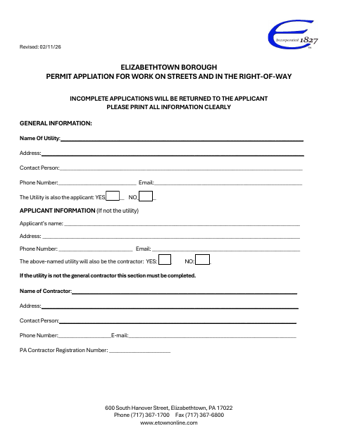 First page of the Permit Application for Work on Streets and in the Right-of-Way