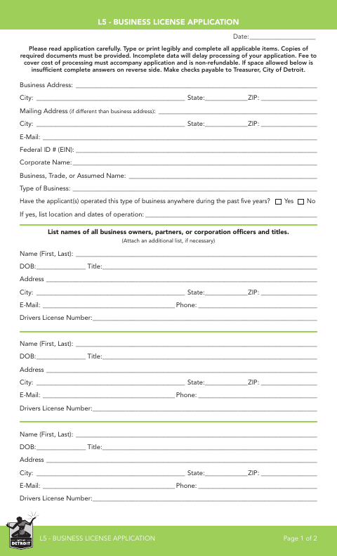 First page of the Business License Application