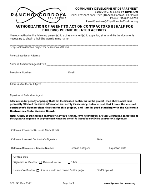 First page of the Authorization of Agent to Act on Contractor’s Behalf for Building Permit Activity