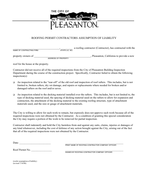 First page of the Roofing Permit Contractors Assumption of Liability