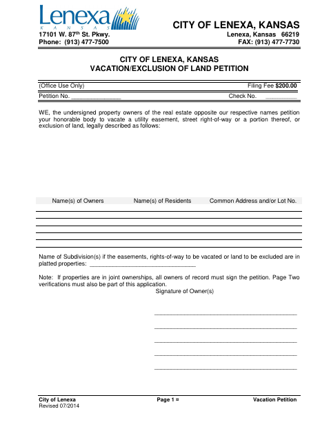 First page of the Vacation/Exclusion of Land Petition