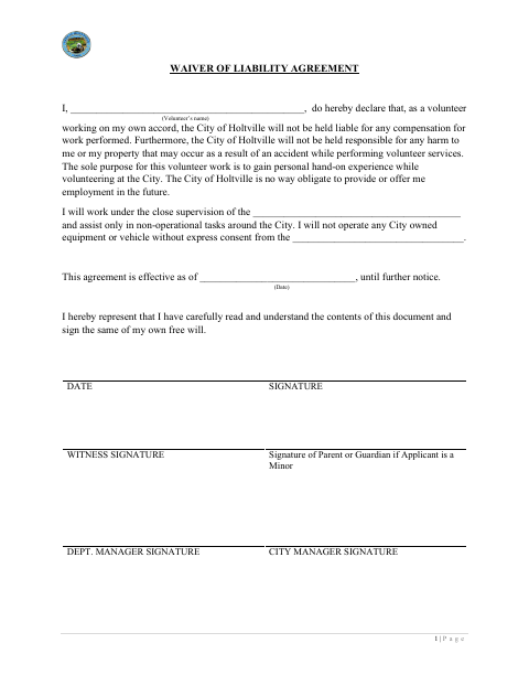 First page of the Waiver of Liability Agreement