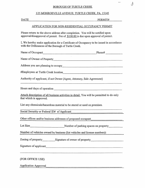 First page of the Application for Non-Residential Occupancy Permit