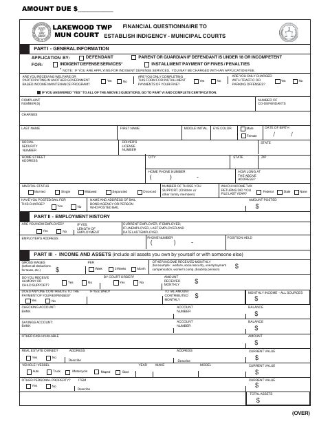 First page of the Financial Questionnaire to Establish Indigency