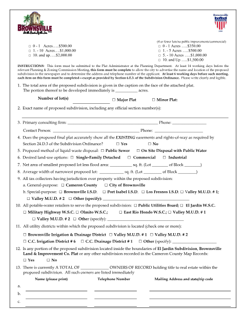 First page of the Final Plat Application Form