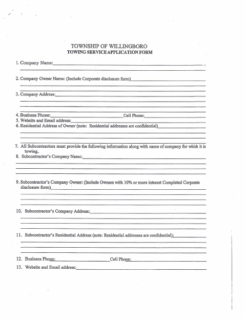First page of the Towing Service Application