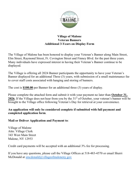 First page of the Veteran Banner Additional Three-Year Display Application