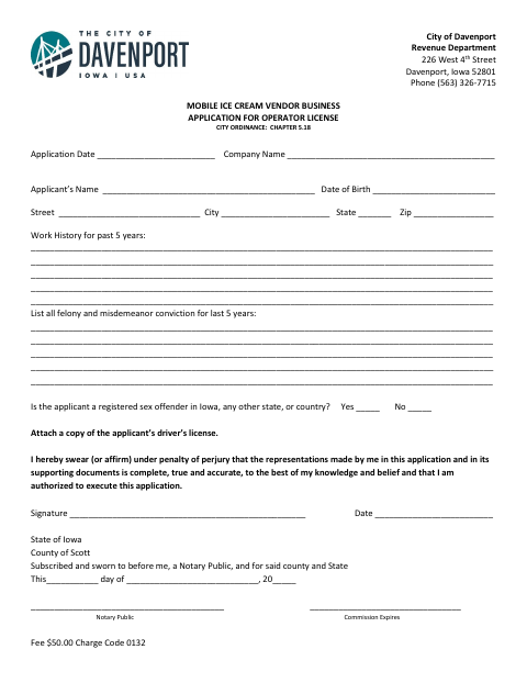 First page of the Mobile Ice Cream Vendor Business Application for Operator License