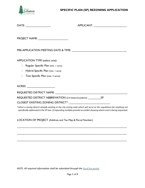 First page of the Specific Plan Rezoning Application