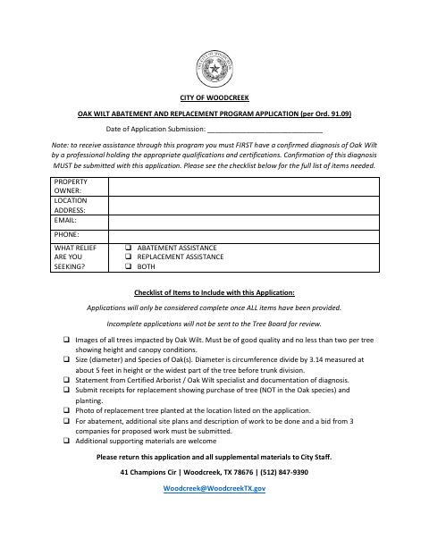 First page of the Oak Wilt Abatement and Replacement Program Application