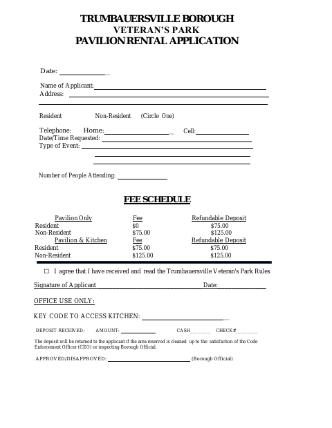 First page of the Veteran’s Park Pavilion Rental Application