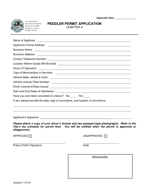 First page of the Peddler Permit Application