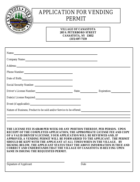 First page of the Application for Vending Permit