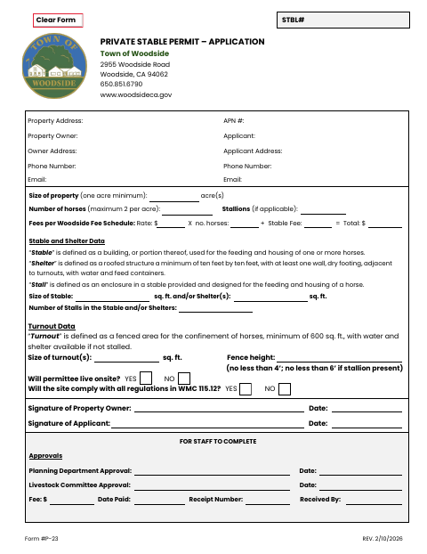First page of the Private Stable Permit Application