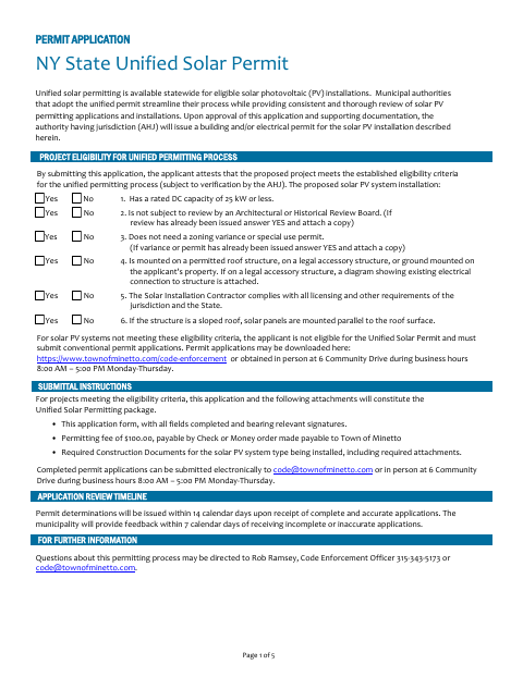 First page of the NY State Unified Solar Permit Application