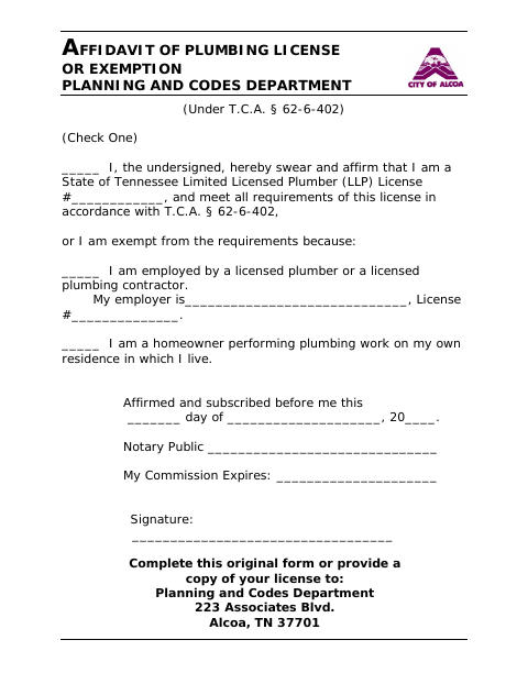 First page of the Affidavit of Plumbing License or Exemption