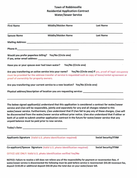 First page of the Residential Water and Sewer Service Application